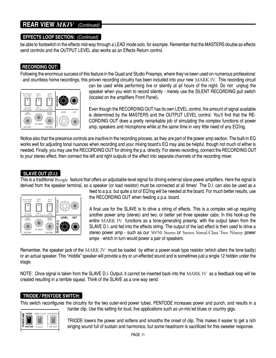 Mesa/Boogie Mark IV Amplifier manual Effects Loop Section, Slave OUT D.I, Recording OUT when feeding a p.a. board 