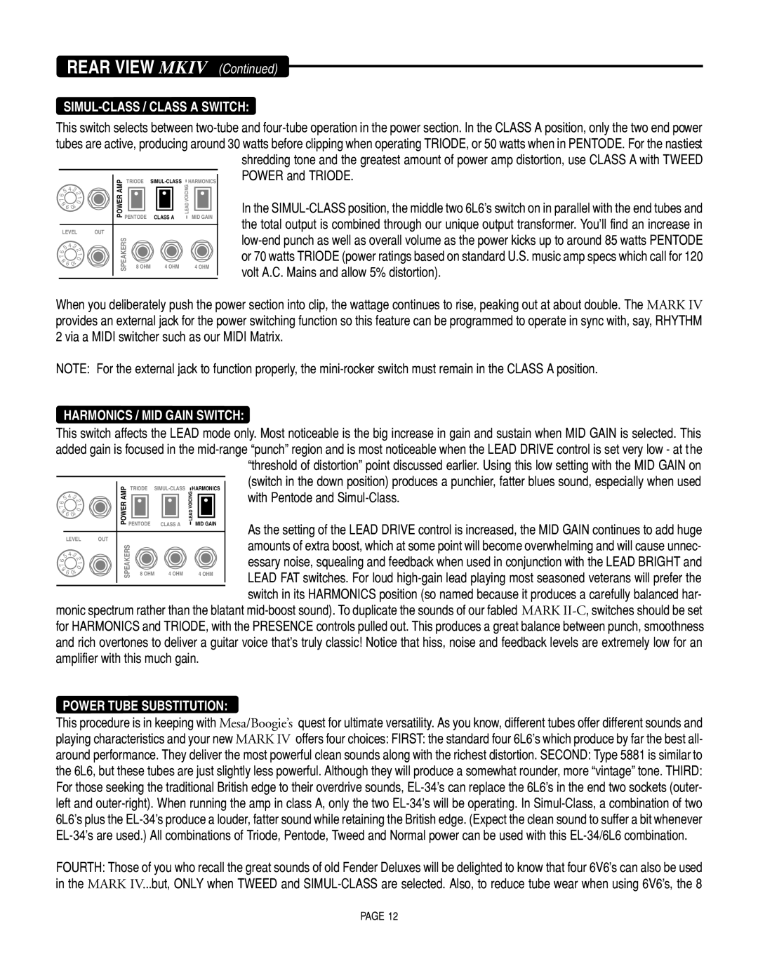 Mesa/Boogie Mark IV Amplifier manual SIMUL-CLASS / Class a Switch, Harmonics / MID Gain Switch, Power Tube Substitution 