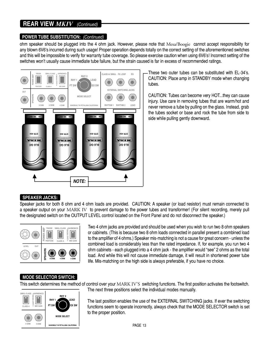 Mesa/Boogie Mark IV Amplifier manual Power Tube Substitution, Speaker Jacks, Side while pulling gently downward 