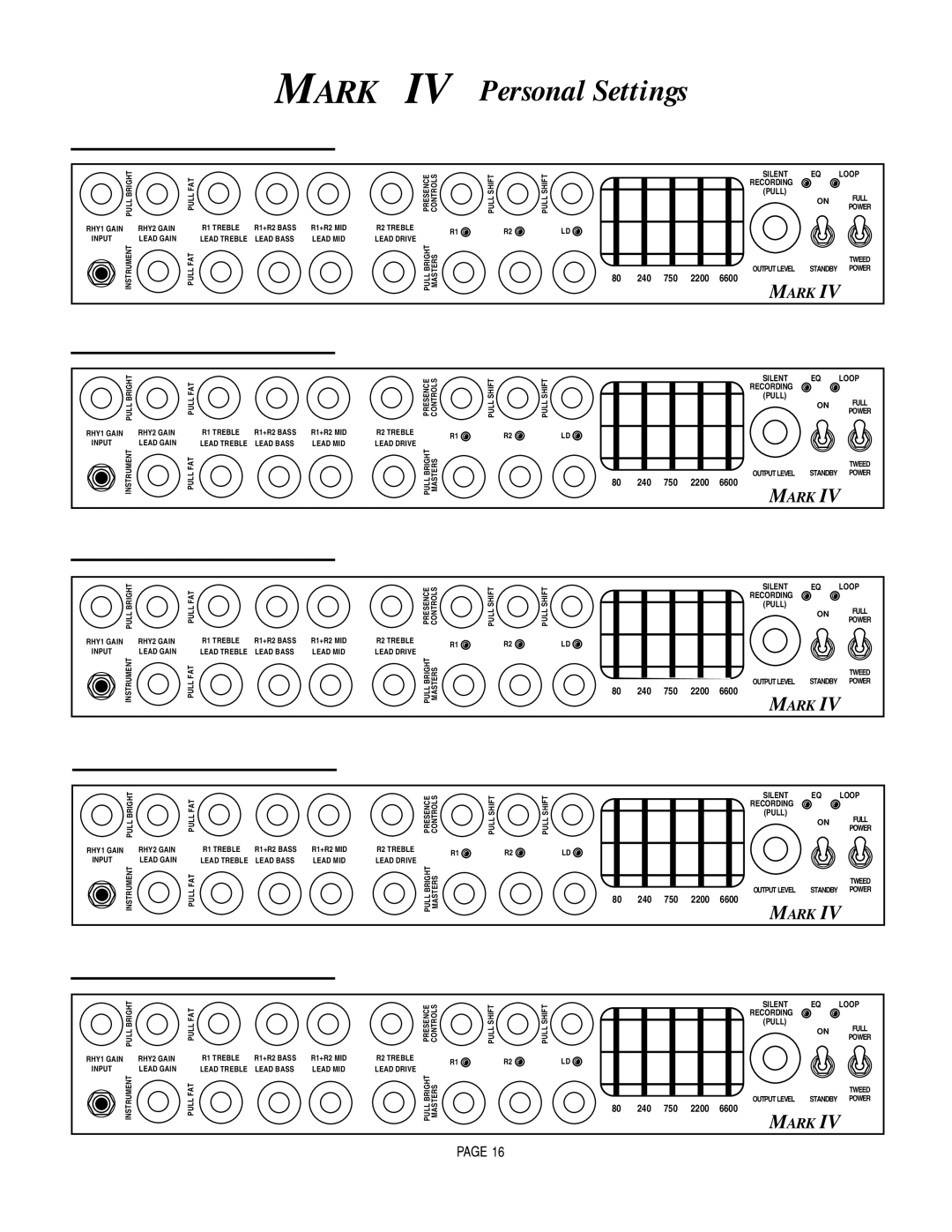 Mesa/Boogie Mark IV Amplifier manual Mark IV Personal Settings 