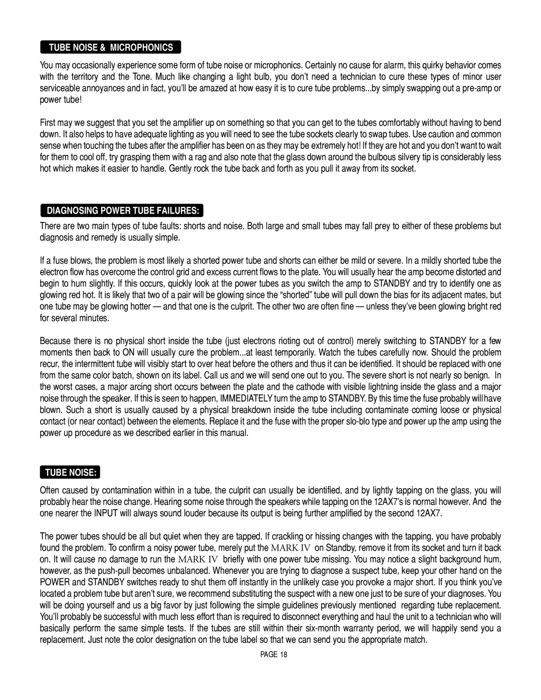 Mesa/Boogie Mark IV Amplifier manual Tube Noise & Microphonics, Diagnosing Power Tube Failures 