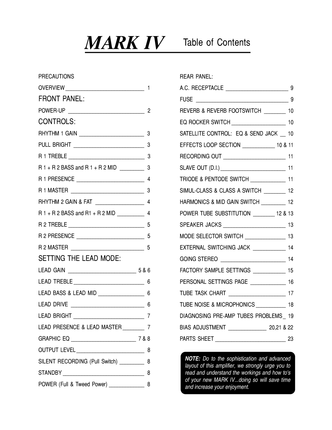 Mesa/Boogie Mark IV Amplifier manual Mark IV Table of Contents 