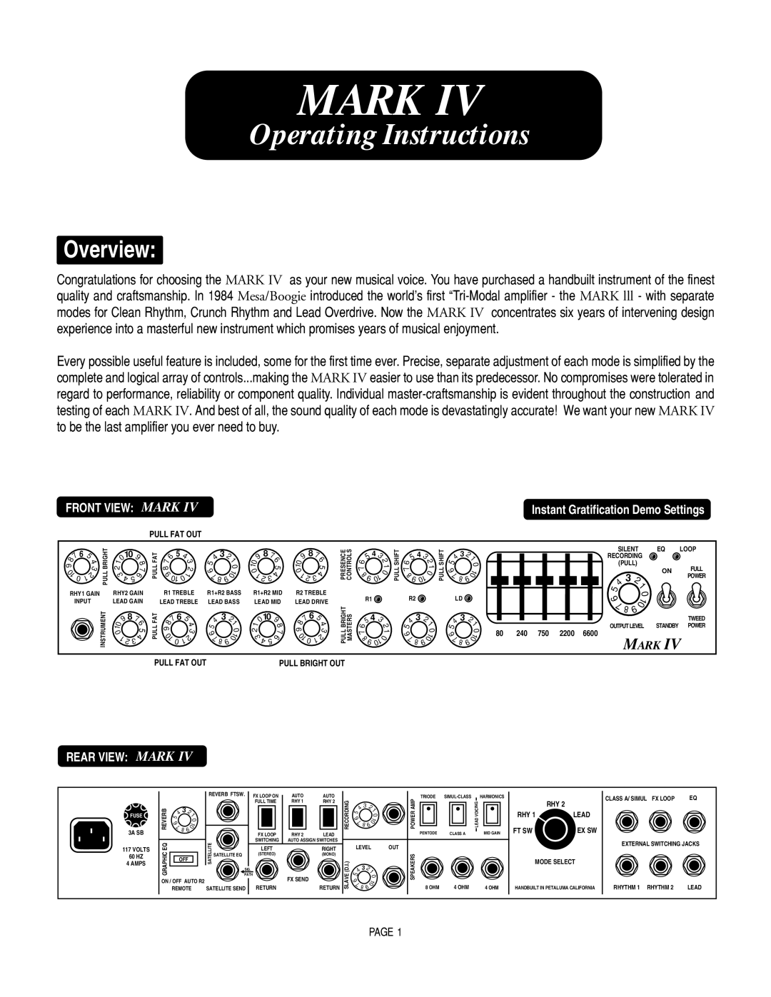 Mesa/Boogie Mark IV Amplifier manual Markk 