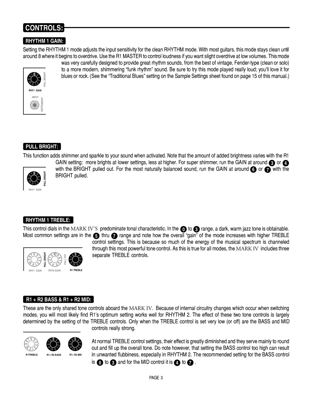 Mesa/Boogie Mark IV Amplifier manual Rhythm 1 Gain, Pull Bright, Rhythm 1 Treble, R1 + R2 Bass & R1 + R2 MID 