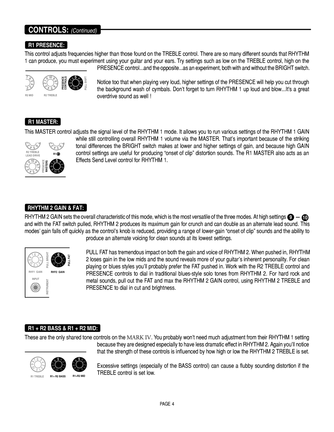 Mesa/Boogie Mark IV Amplifier manual R1 Presence, R1 Master, Rhythm 2 Gain & FAT 