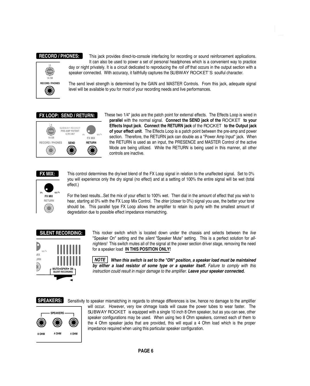 Mesa/Boogie OOGIEBMESA owner manual Fx Mix, Silent Recording, Speakers, FX Loop Send / Return 