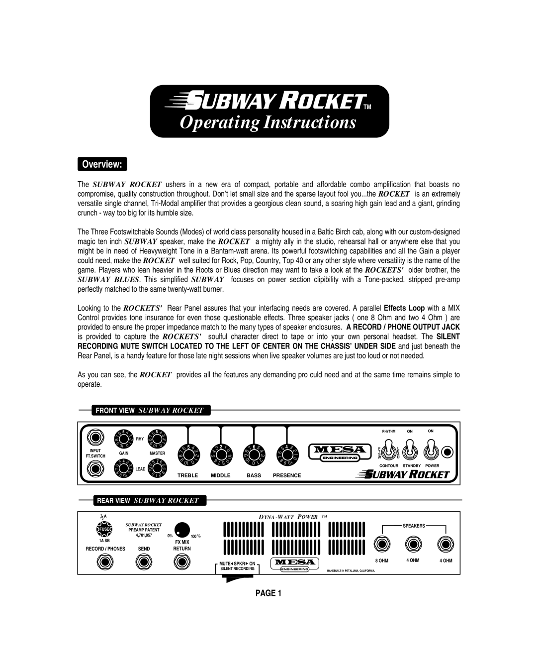 Mesa/Boogie OOGIEBMESA owner manual Operating Instructions 