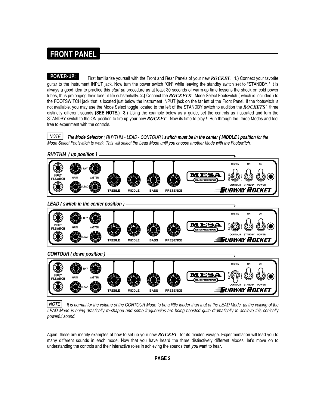 Mesa/Boogie OOGIEBMESA owner manual Front Panel, Contour down position 