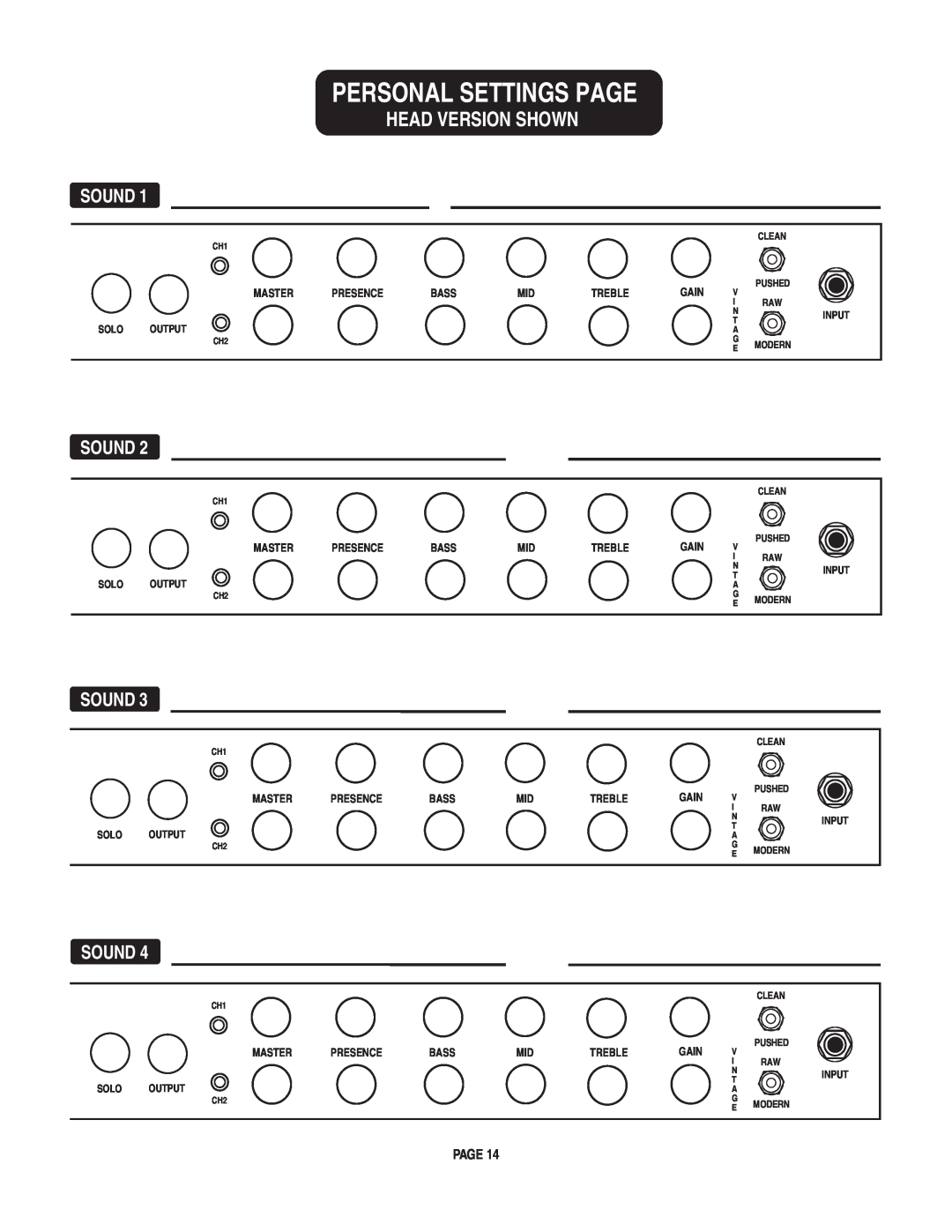 Mesa/Boogie pmn owner manual Personal Settings Page, Head Version Shown, Sound 