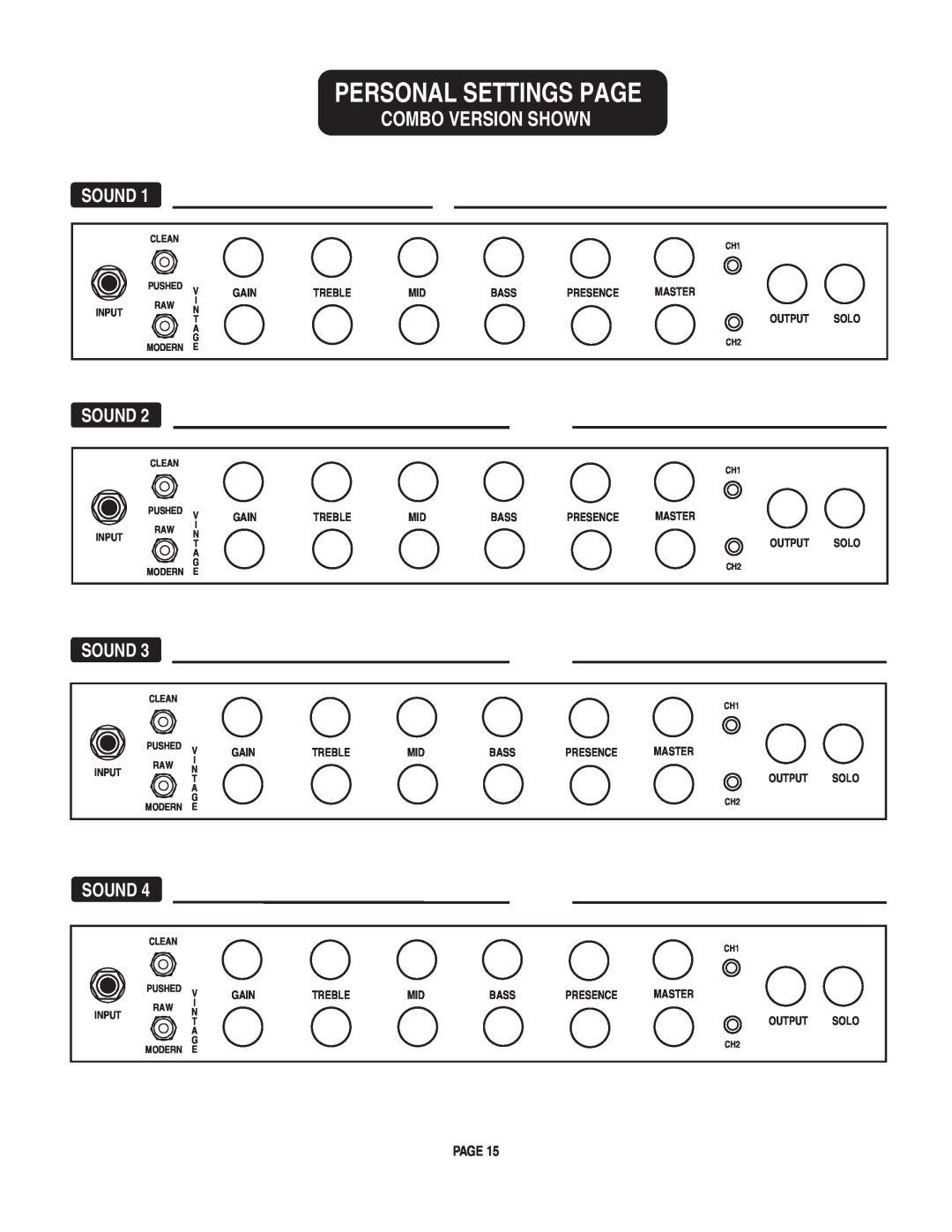Mesa/Boogie pmn owner manual Combo Version Shown, Personal Settings Page, Sound 