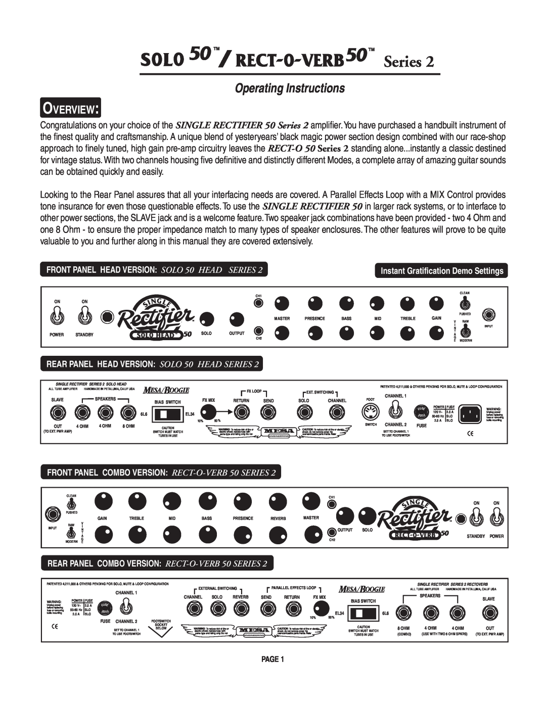 Mesa/Boogie pmn owner manual Overview, Series, Operating Instructions, REAR PANEL COMBO VERSION RECT-O-VERB50 SERIES 