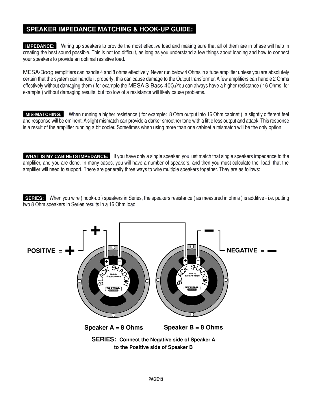 Mesa/Boogie Rectifier Stereo owner manual Speaker Impedance Matching & HOOK-UP Guide 