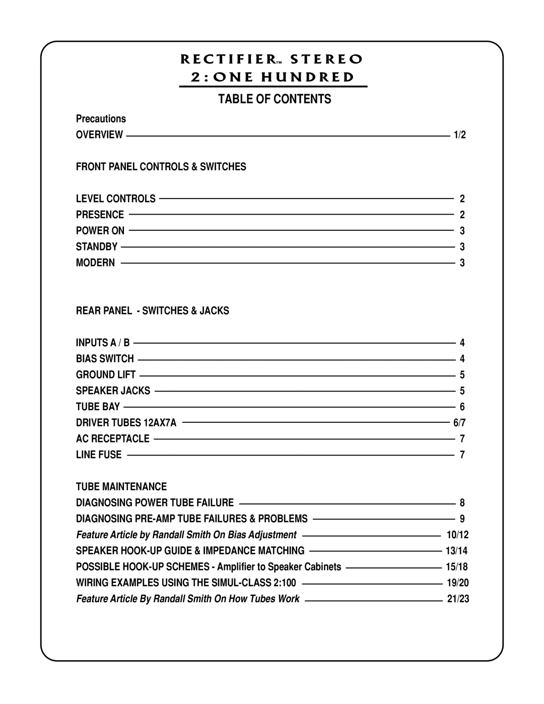 Mesa/Boogie Rectifier Stereo owner manual Table of Contents 