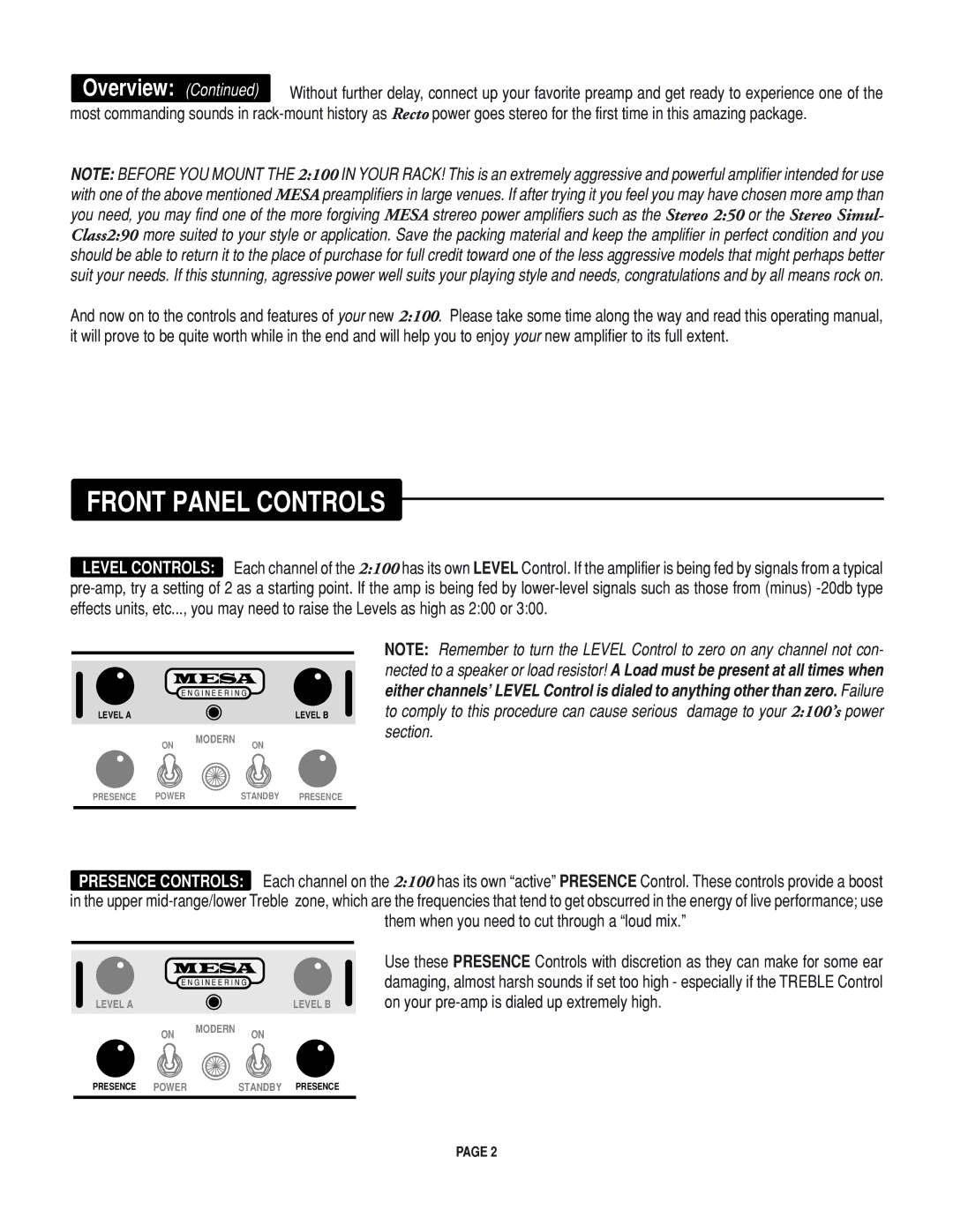 Mesa/Boogie Rectifier Stereo owner manual Front Panel Controls, Them when you need to cut through a Òloud mix.Ó 