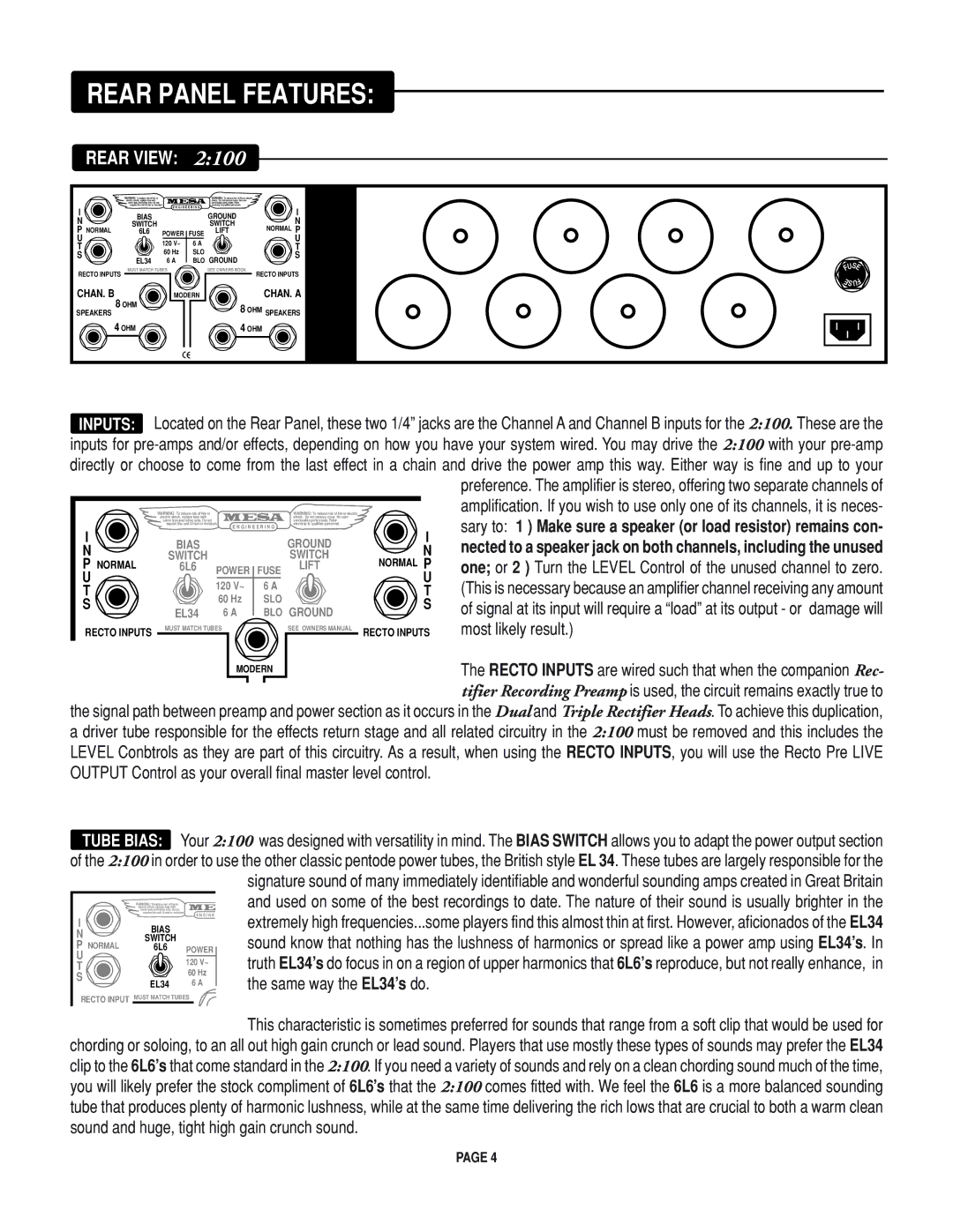 Mesa/Boogie Rectifier Stereo owner manual Rear Panel Features, Same way the EL34’s do 