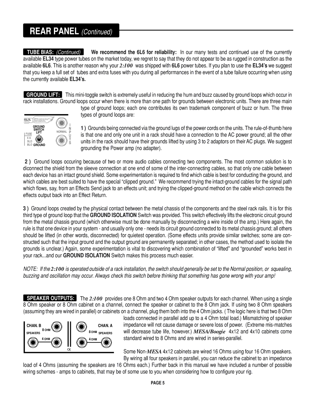 Mesa/Boogie Rectifier Stereo owner manual Rear Panel, Types of ground loops are 