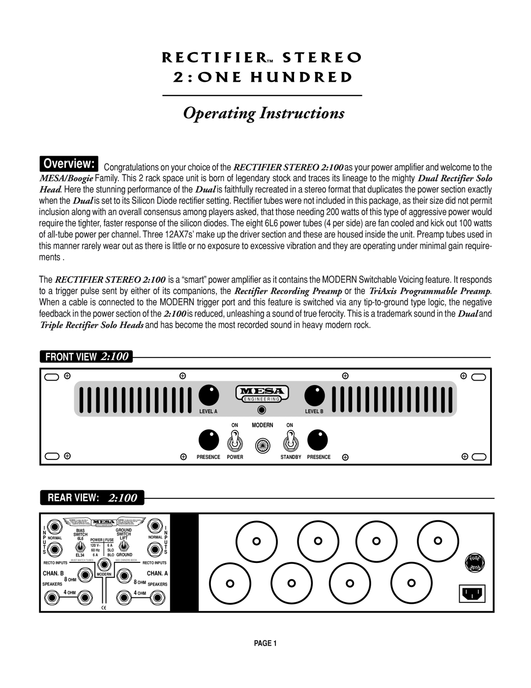 Mesa/Boogie Rectifier Stereo owner manual Front View, Operating Instructions, Rear View 