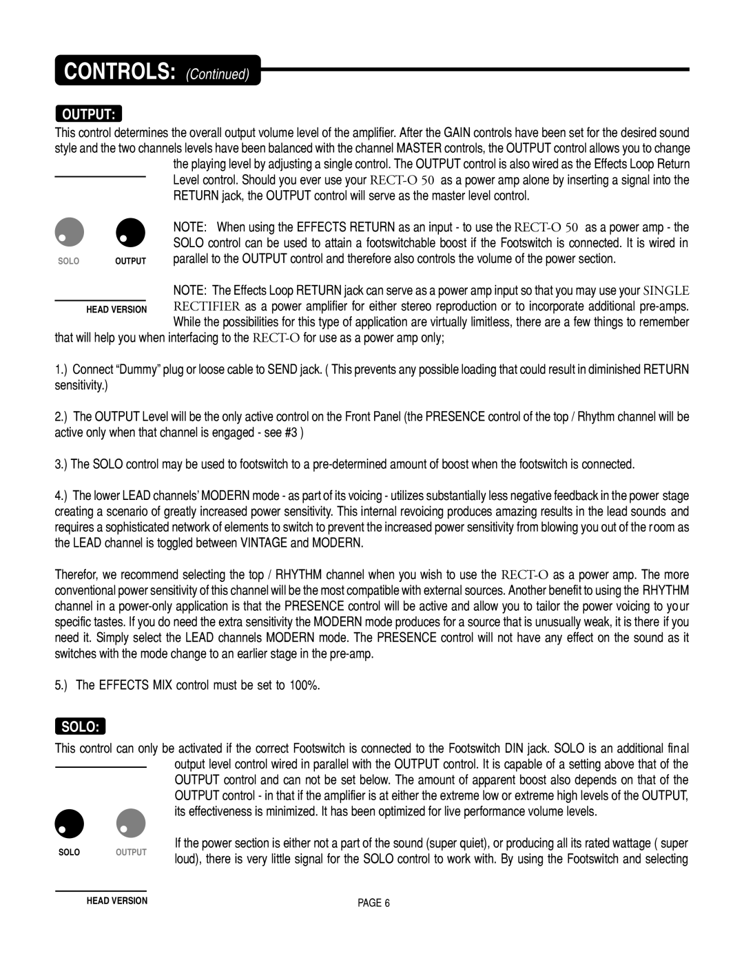 Mesa/Boogie SOLO 50, RECT-O-VERB 50 owner manual Output, Solo, Effects MIX control must be set to 100% 