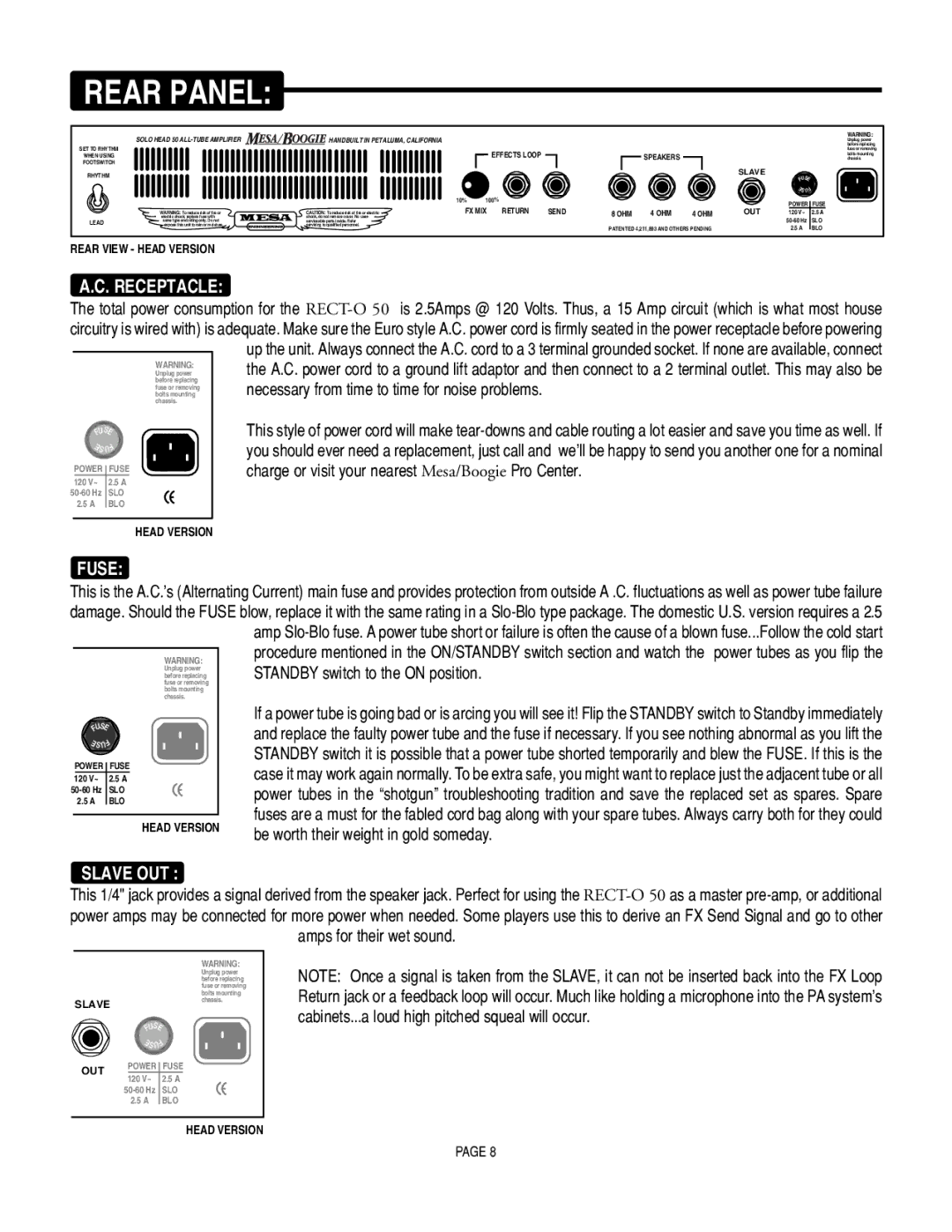 Mesa/Boogie SOLO 50, RECT-O-VERB 50 owner manual Receptacle, Fuse, Slave OUT 