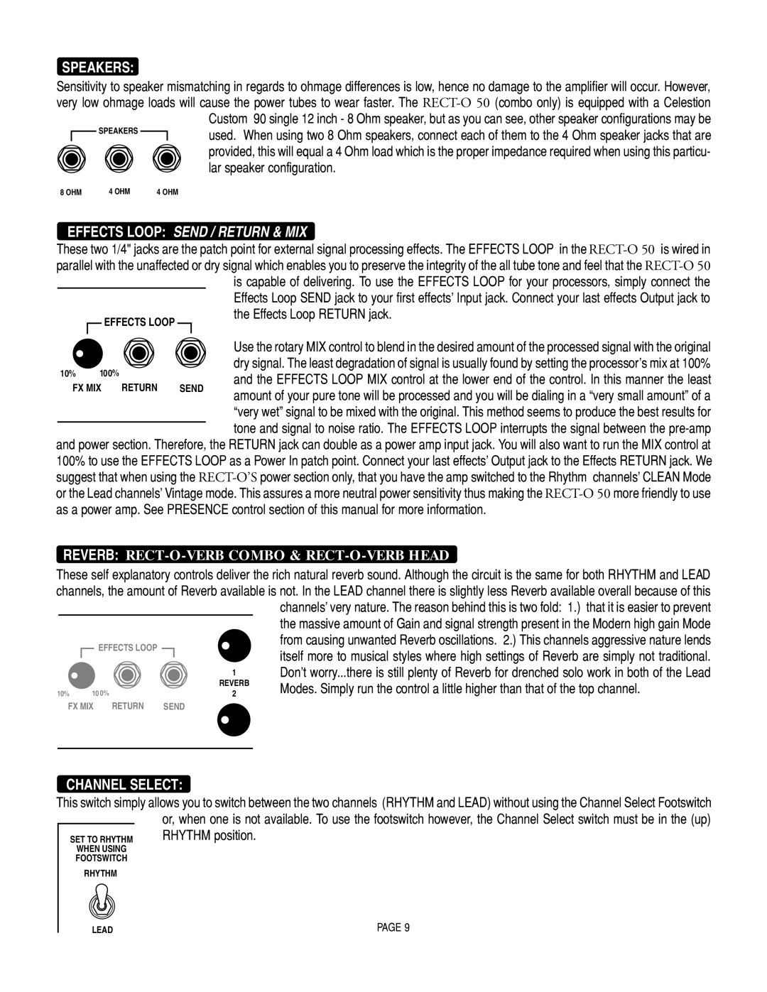Mesa/Boogie RECT-O-VERB 50, SOLO 50 owner manual Speakers, Effects Loop Send / Return & MIX 