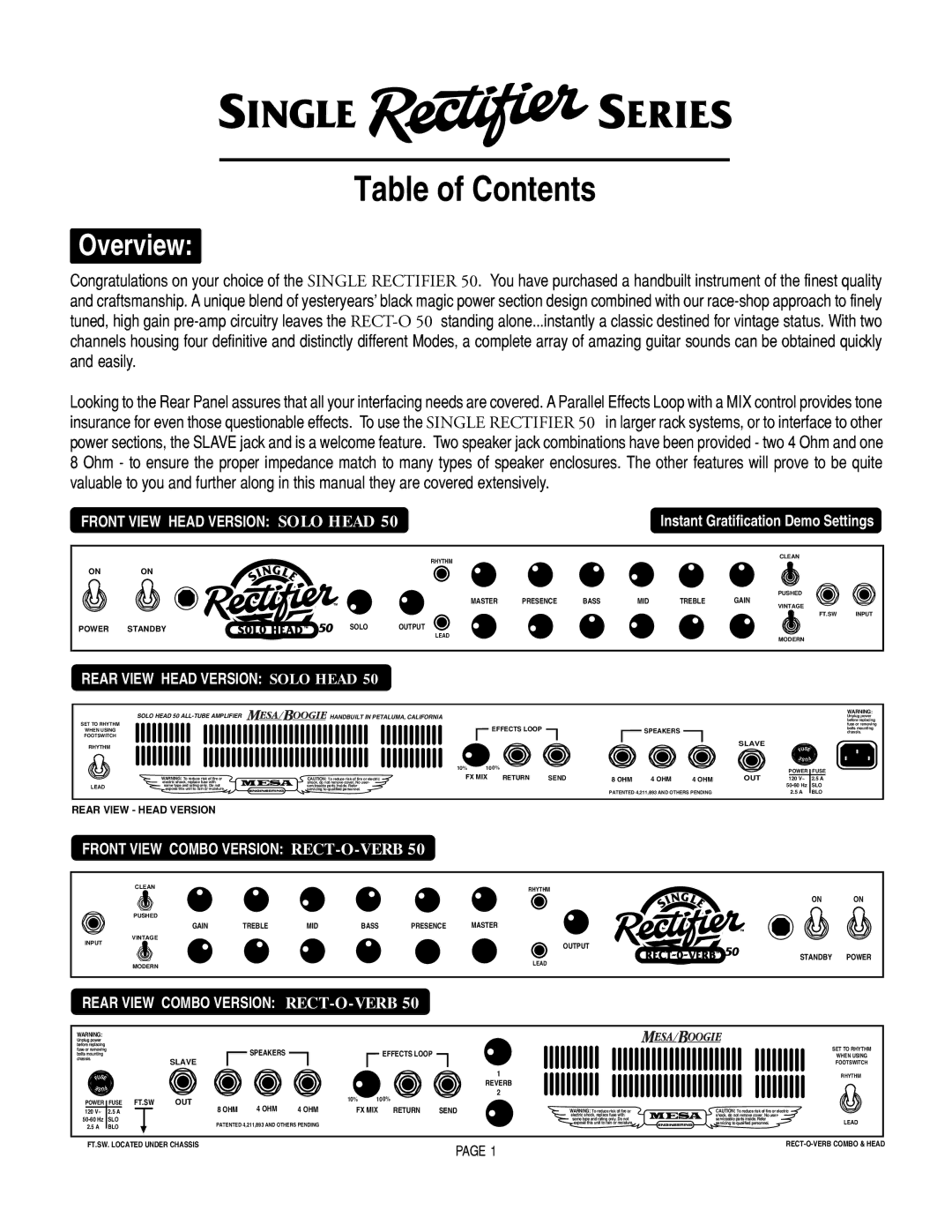 Mesa/Boogie RECT-O-VERB 50, SOLO 50 owner manual Table of Contents 