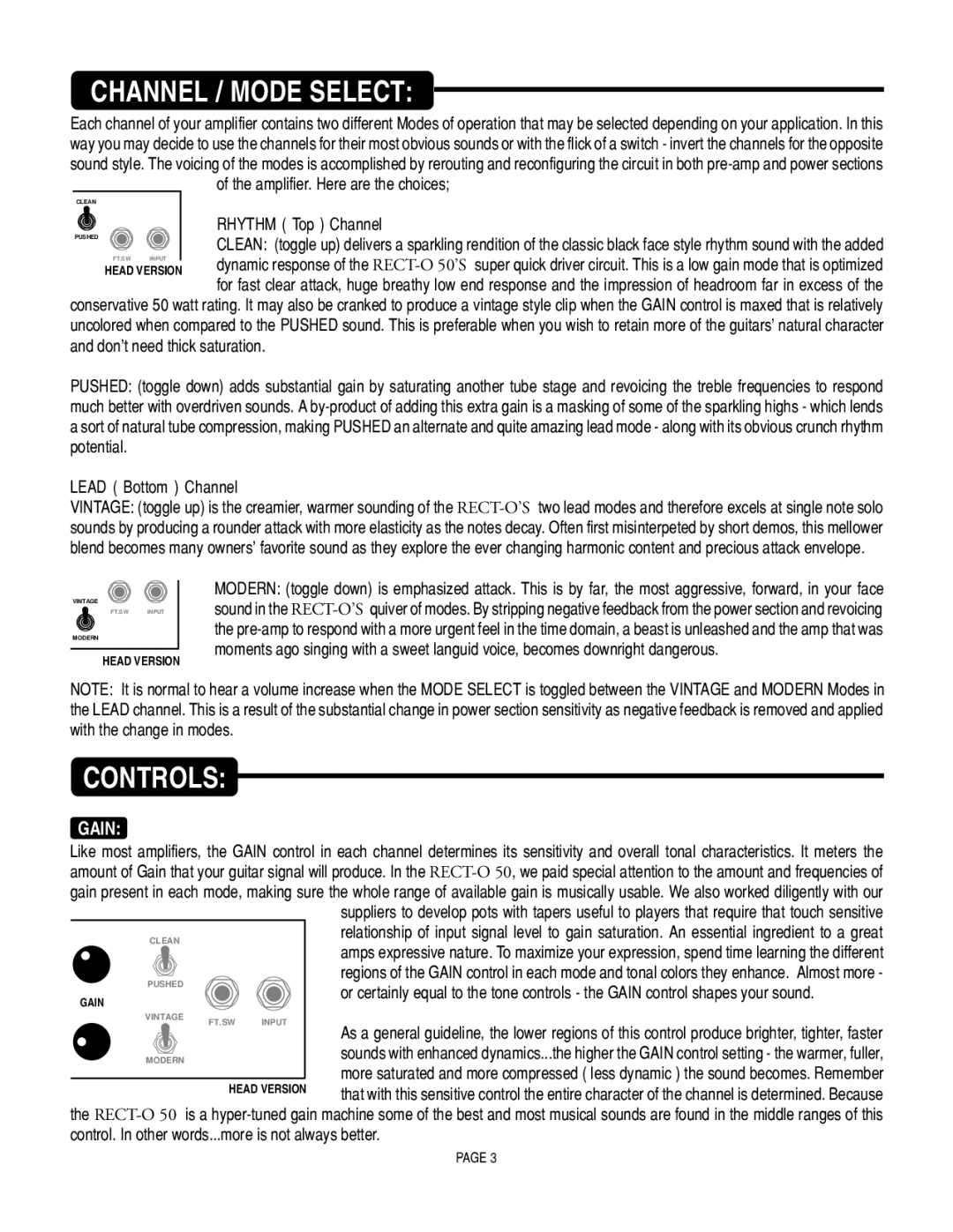 Mesa/Boogie RECT-O-VERB 50, SOLO 50 owner manual Gain, Amplifier. Here are the choices Rhythm Top Channel 