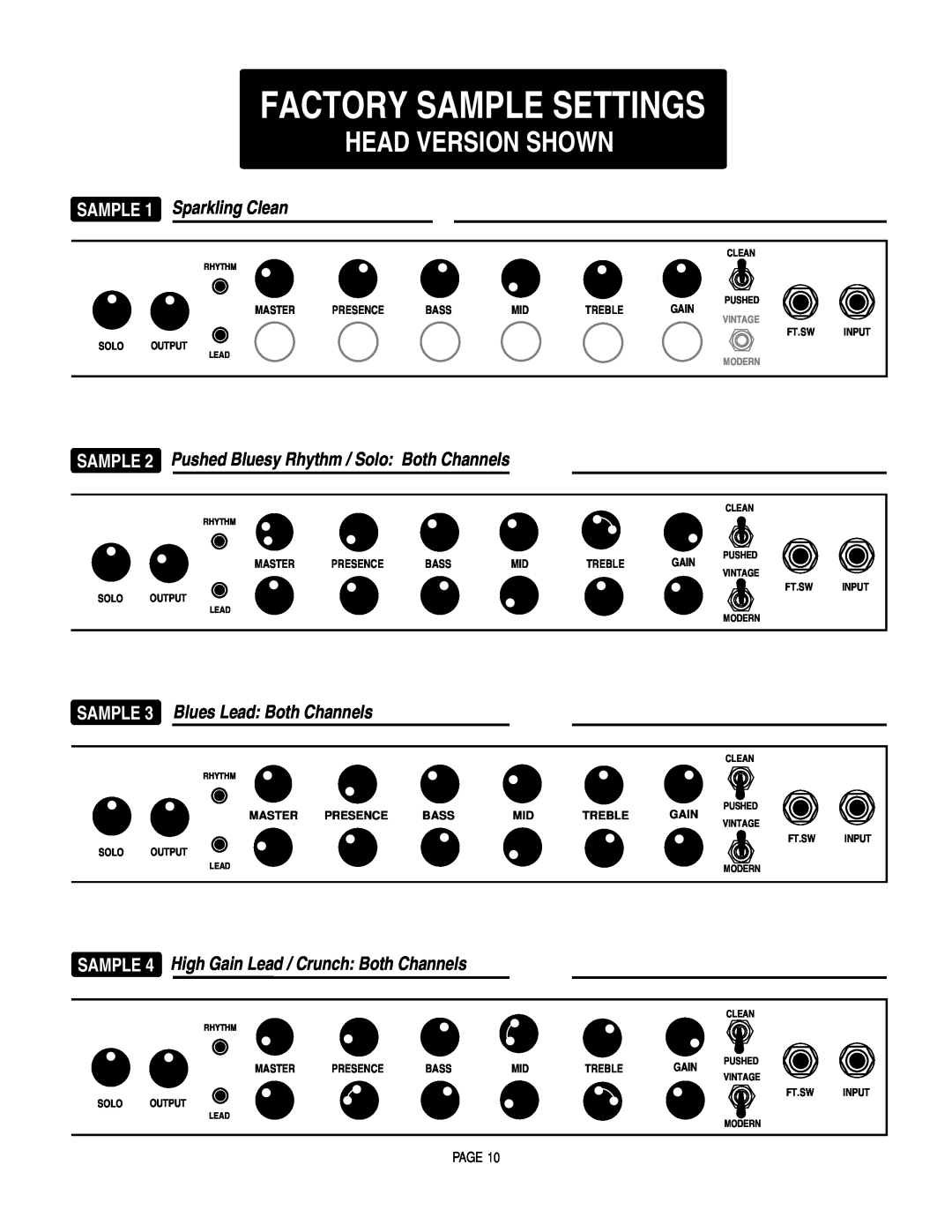 Mesa/Boogie SOLO 50, RECT-O-VERB 50 owner manual Factory Sample Settings, Head Version Shown, SAMPLE 1 Sparkling Clean 
