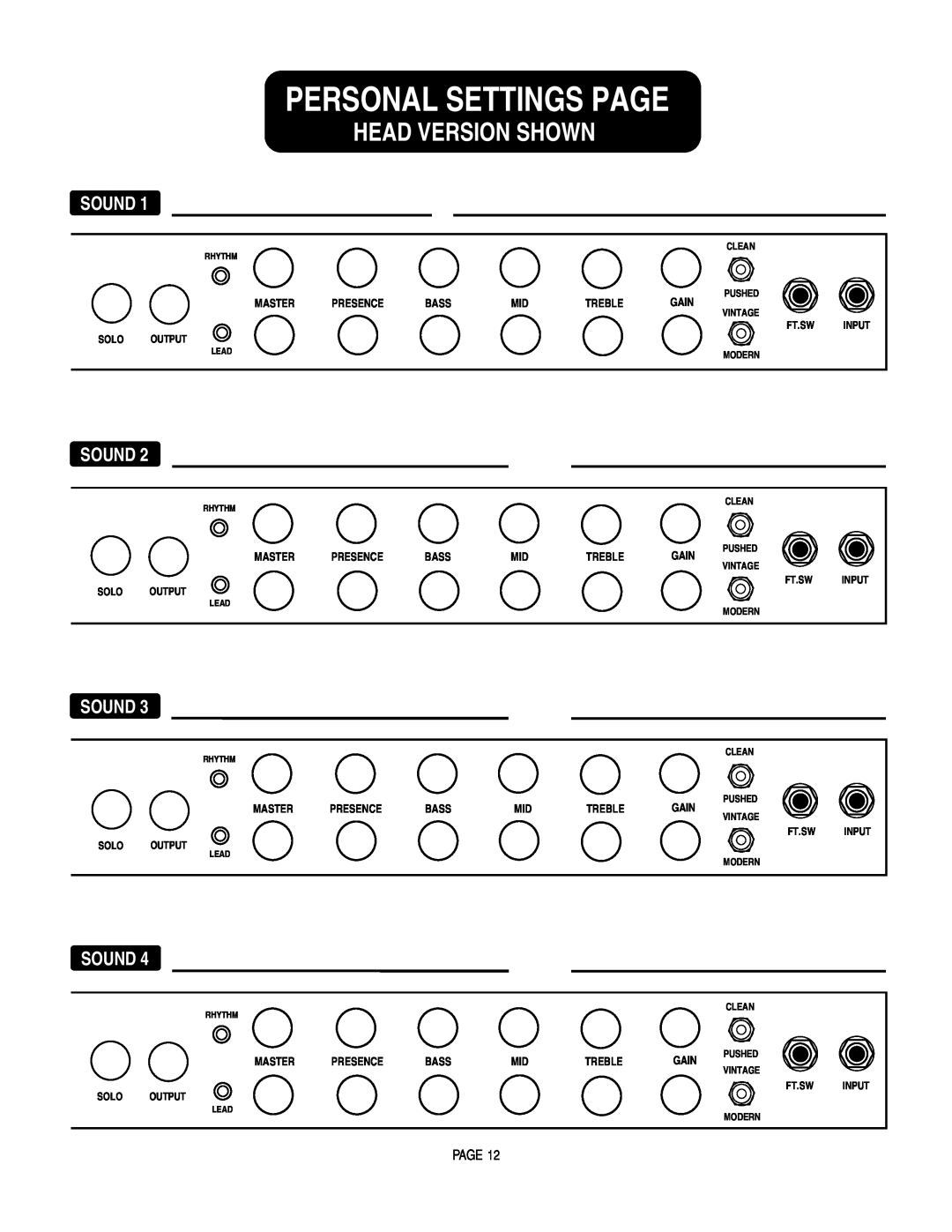 Mesa/Boogie SOLO 50, RECT-O-VERB 50 owner manual Personal Settings Page, Head Version Shown, Sound 