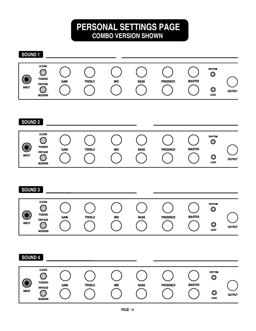 Mesa/Boogie SOLO 50, RECT-O-VERB 50 owner manual Personal Settings Page, Combo Version Shown, Sound 