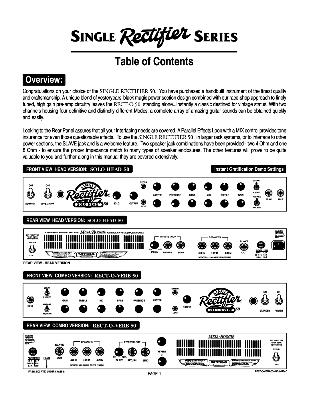Mesa/Boogie RECT-O-VERB 50, SOLO 50 owner manual Overview, Table of Contents, Rear View Head Version Solo Head 