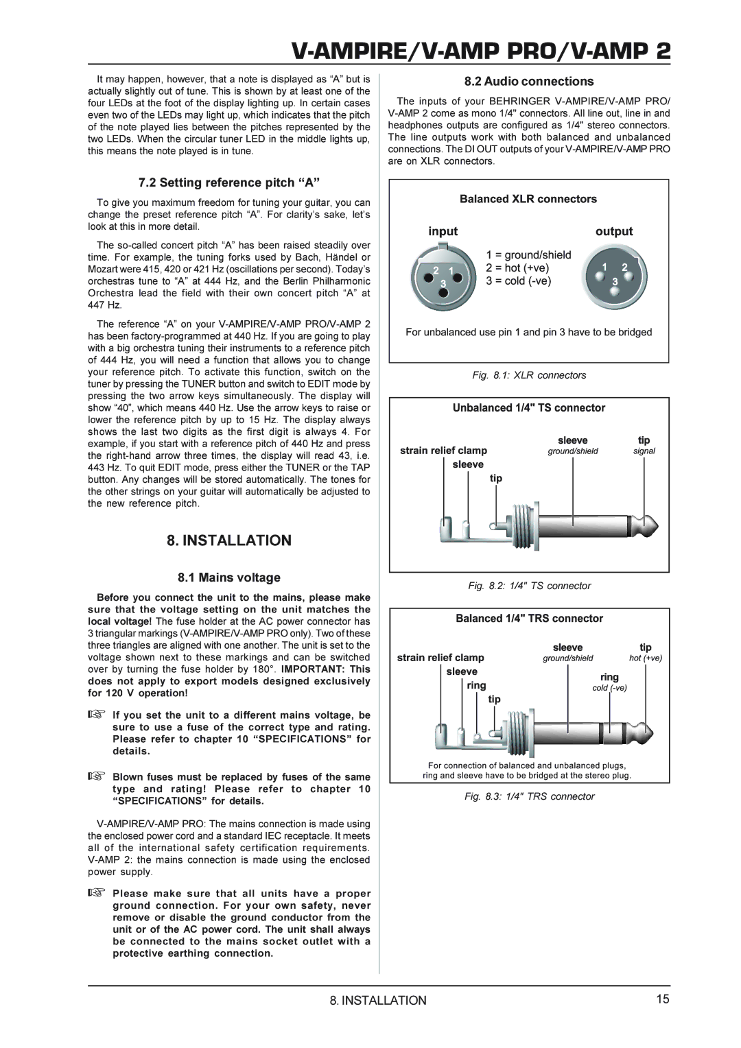 Mesa/Boogie V-AMPIRE, V-AMPPRO, V-AMP2 manual Installation, Setting reference pitch a, Mains voltage, Audio connections 