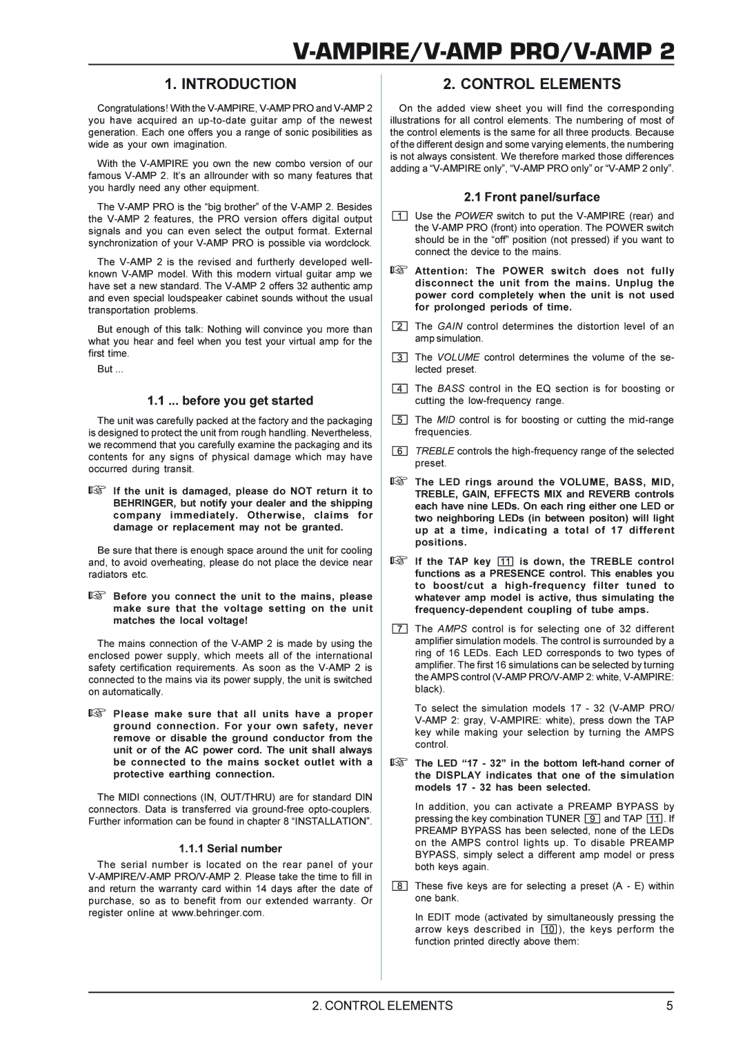 Mesa/Boogie V-AMP2, V-AMPIRE, V-AMPPRO manual Introduction, Control Elements, Before you get started, Front panel/surface 
