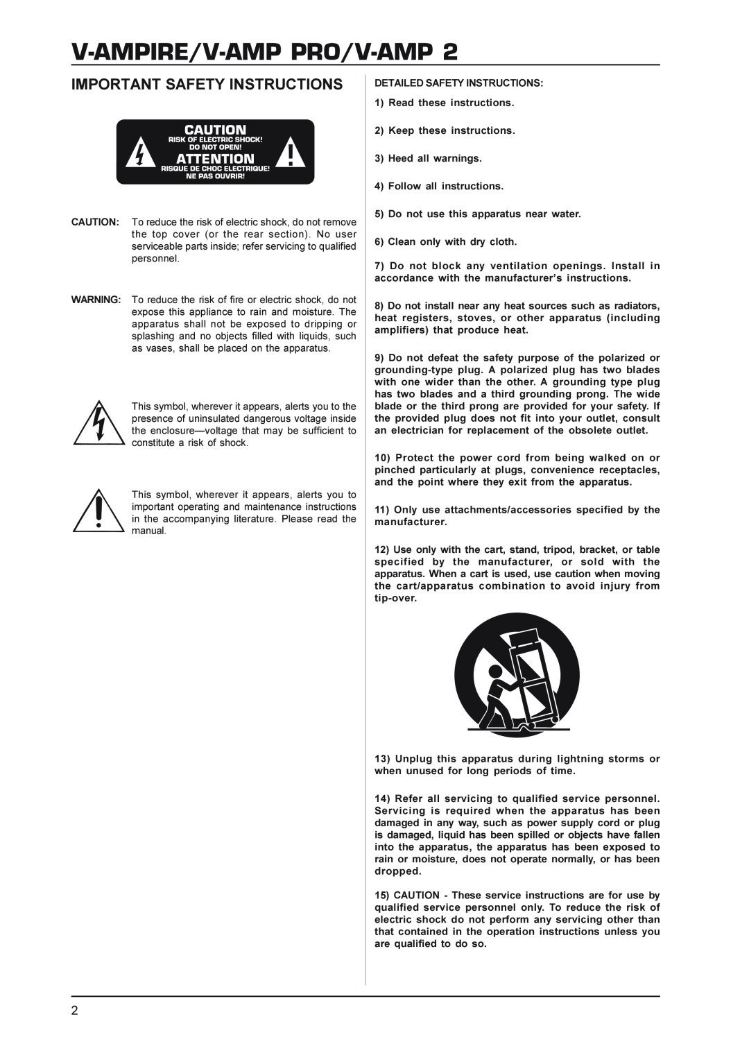 Mesa/Boogie V-AMPPRO manual V-AMPIRE/V-AMP PRO/V-AMP2, Important Safety Instructions 