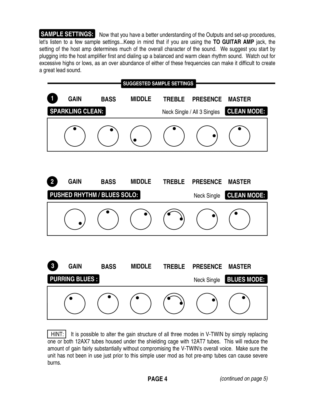 Mesa/Boogie V-TWIN owner manual Sparkling Clean, Pushed Rhythm / Blues Solo 