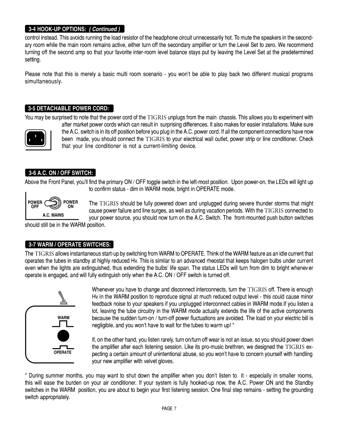 Mesa/Boogie Vacuum Tube Audio owner manual Detachable Power Cord, A.C. on / OFF Switch, Warm / Operate Switches 