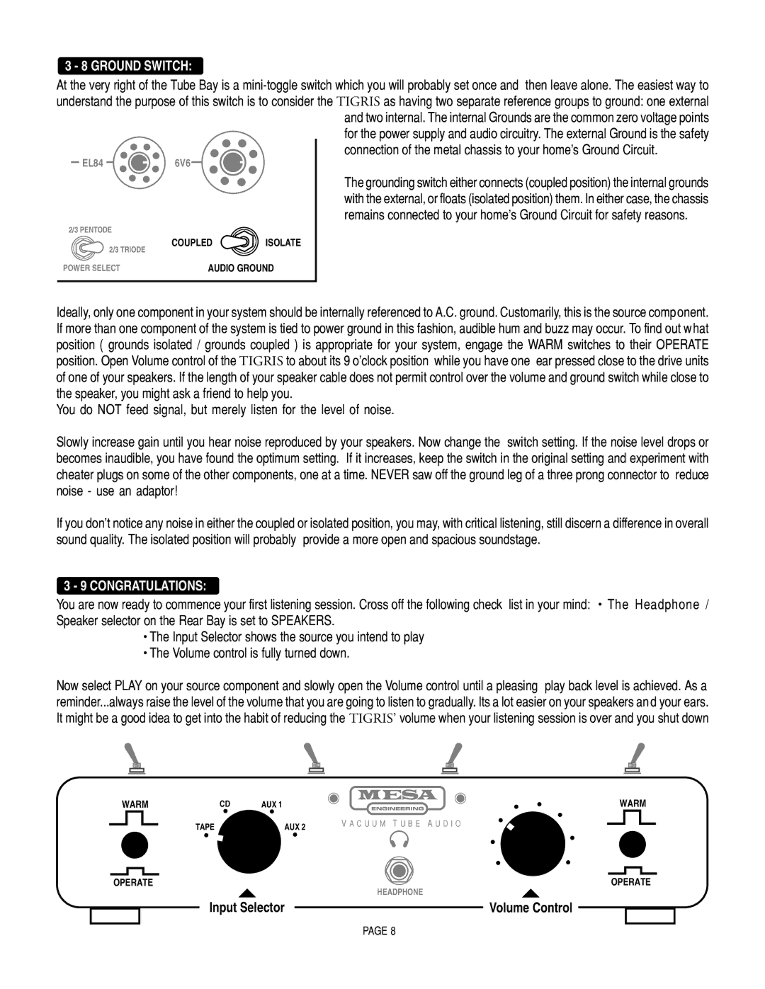 Mesa/Boogie Vacuum Tube Audio owner manual Ground Switch, Congratulations 