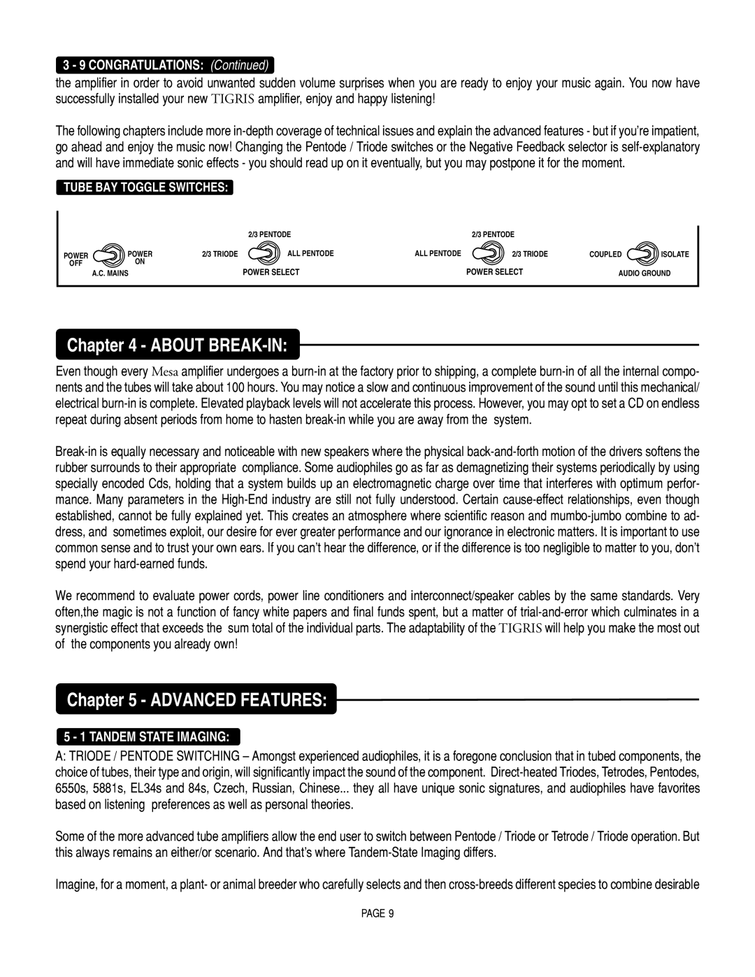 Mesa/Boogie Vacuum Tube Audio owner manual About BREAK-IN, Advanced Features, Congratulations, Tandem State Imaging 