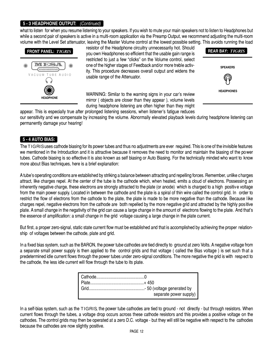 Mesa/Boogie Vacuum Tube Audio owner manual Headphone Output, Auto Bias 