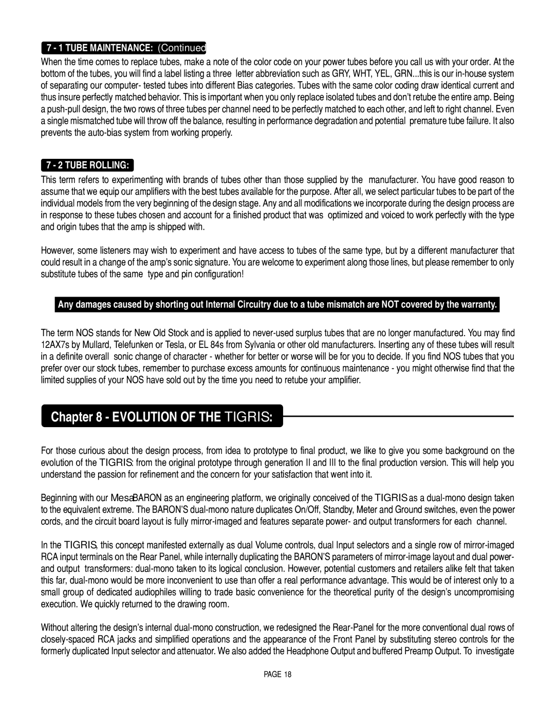 Mesa/Boogie Vacuum Tube Audio owner manual Evolution of the Tigris, Tube Maintenance, Tube Rolling 