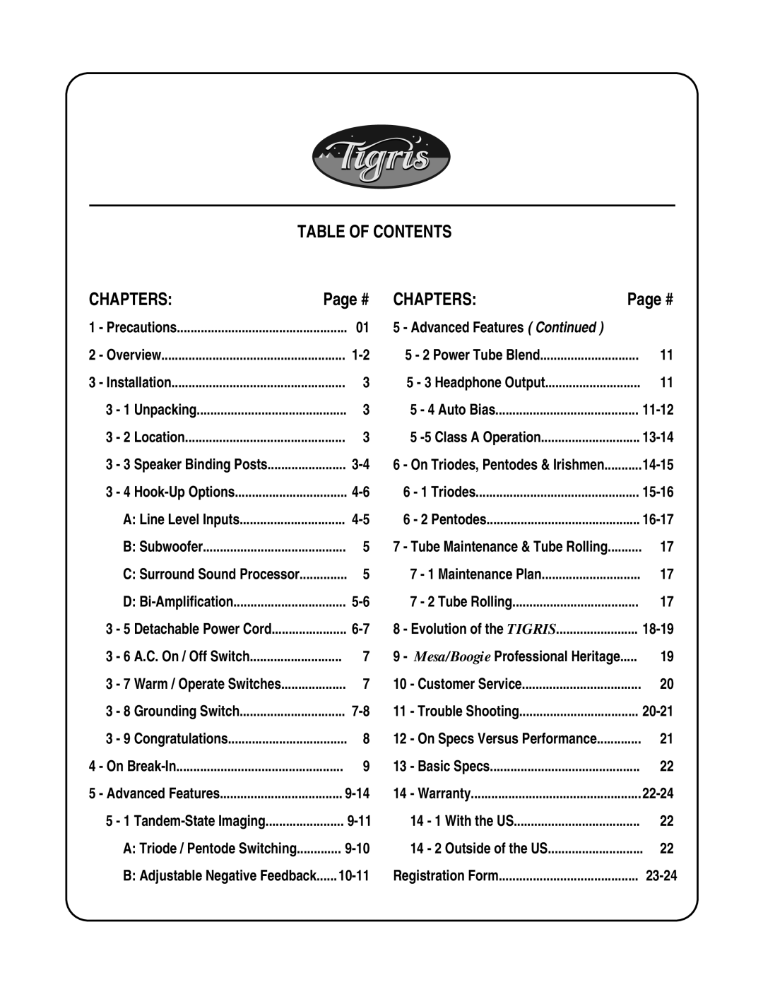 Mesa/Boogie Vacuum Tube Audio owner manual Table of Contents Chapters 