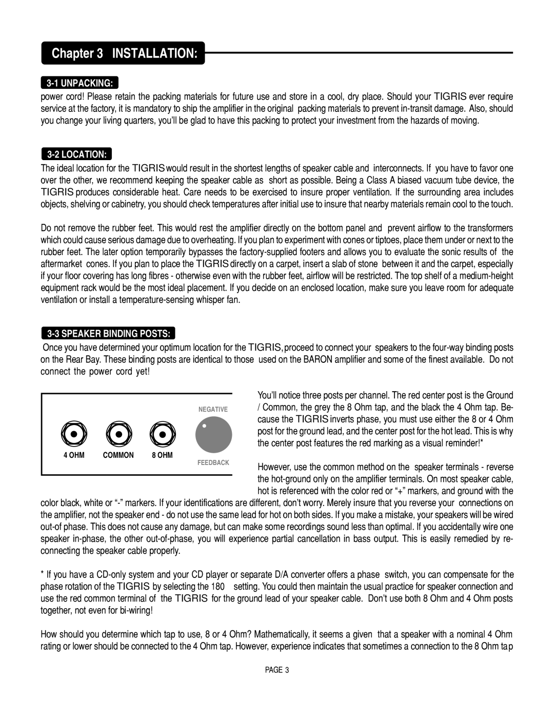 Mesa/Boogie Vacuum Tube Audio owner manual Installation, Unpacking, Location, Speaker Binding Posts 