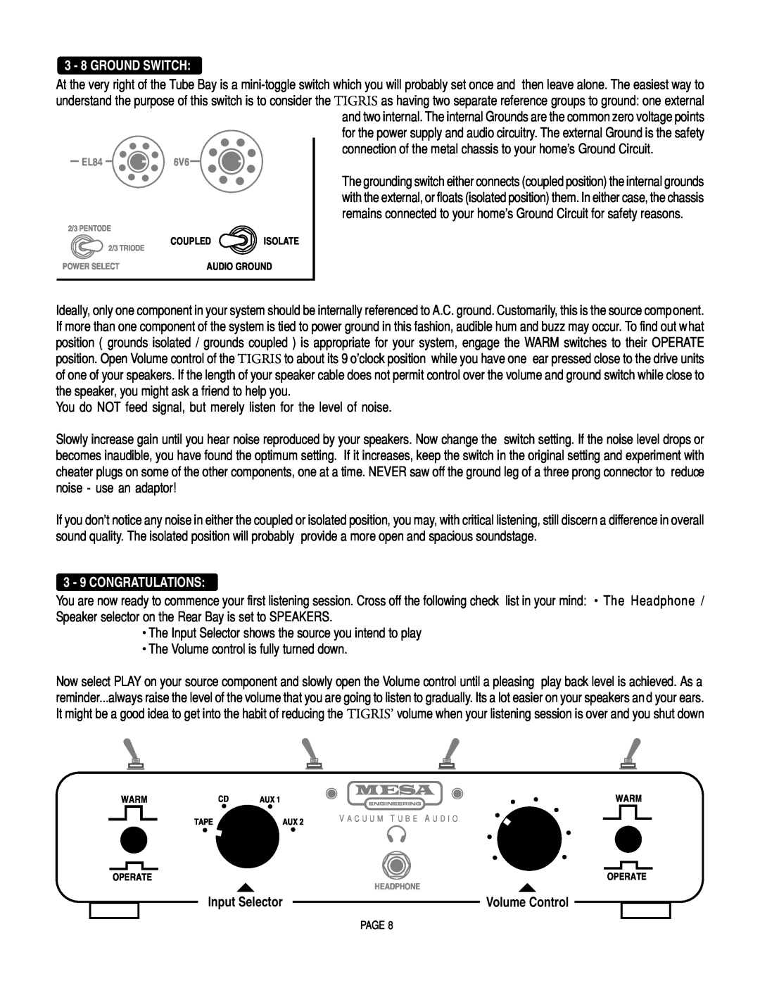 Mesa/Boogie Vacuum Tube Audio owner manual 3 - 8 GROUND SWITCH, 3 - 9 CONGRATULATIONS, Volume Control 