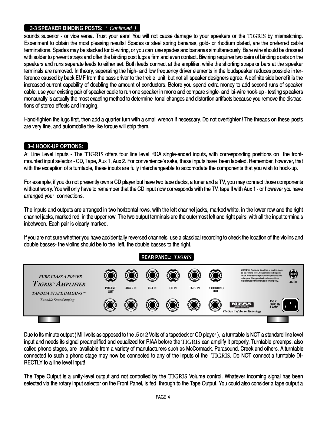 Mesa/Boogie Vacuum Tube Audio owner manual 3-3SPEAKER BINDING POSTS Continued, Hook-Upoptions 