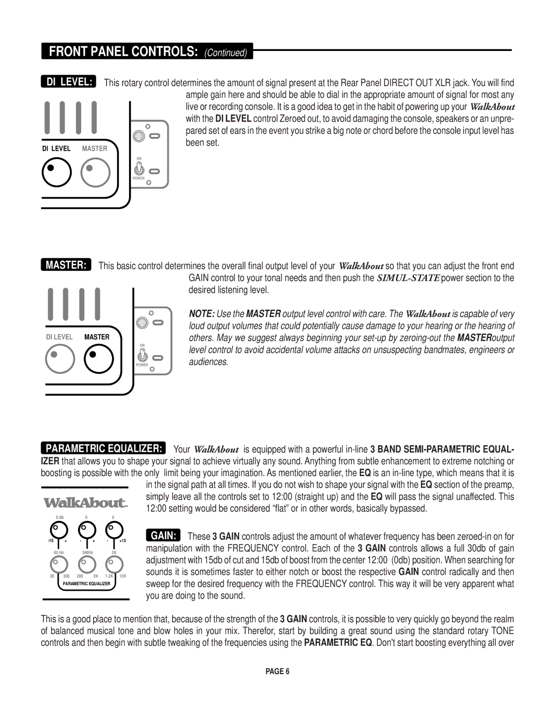 Mesa/Boogie Walk About Bass Amplifier owner manual DI Level Master 