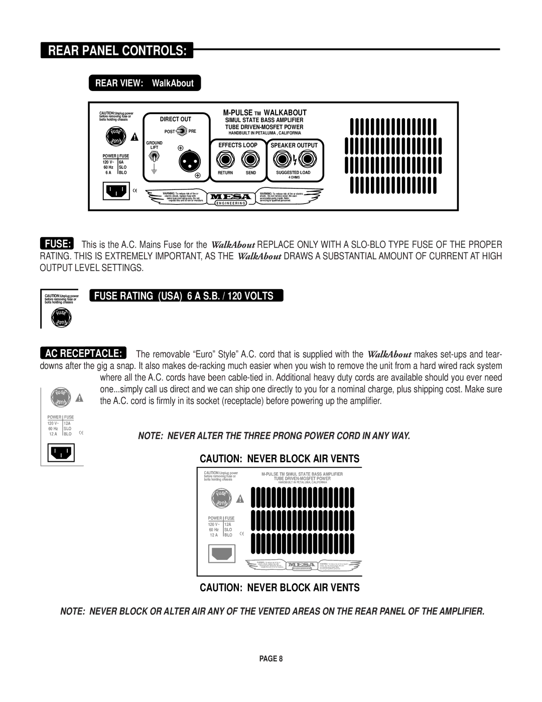 Mesa/Boogie Walk About Bass Amplifier owner manual Rear Panel Controls 