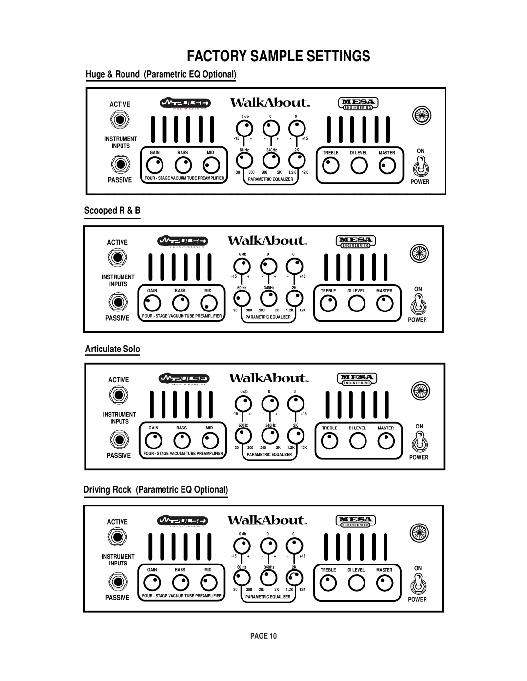 Mesa/Boogie Walk About Bass Amplifier owner manual Factory Sample Settings 