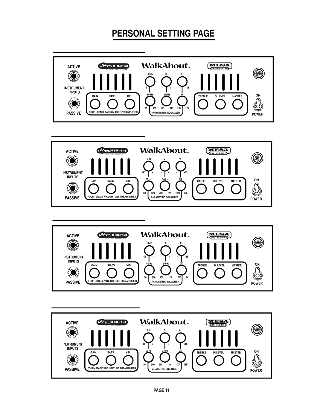 Mesa/Boogie Walk About Bass Amplifier owner manual Personal Setting 