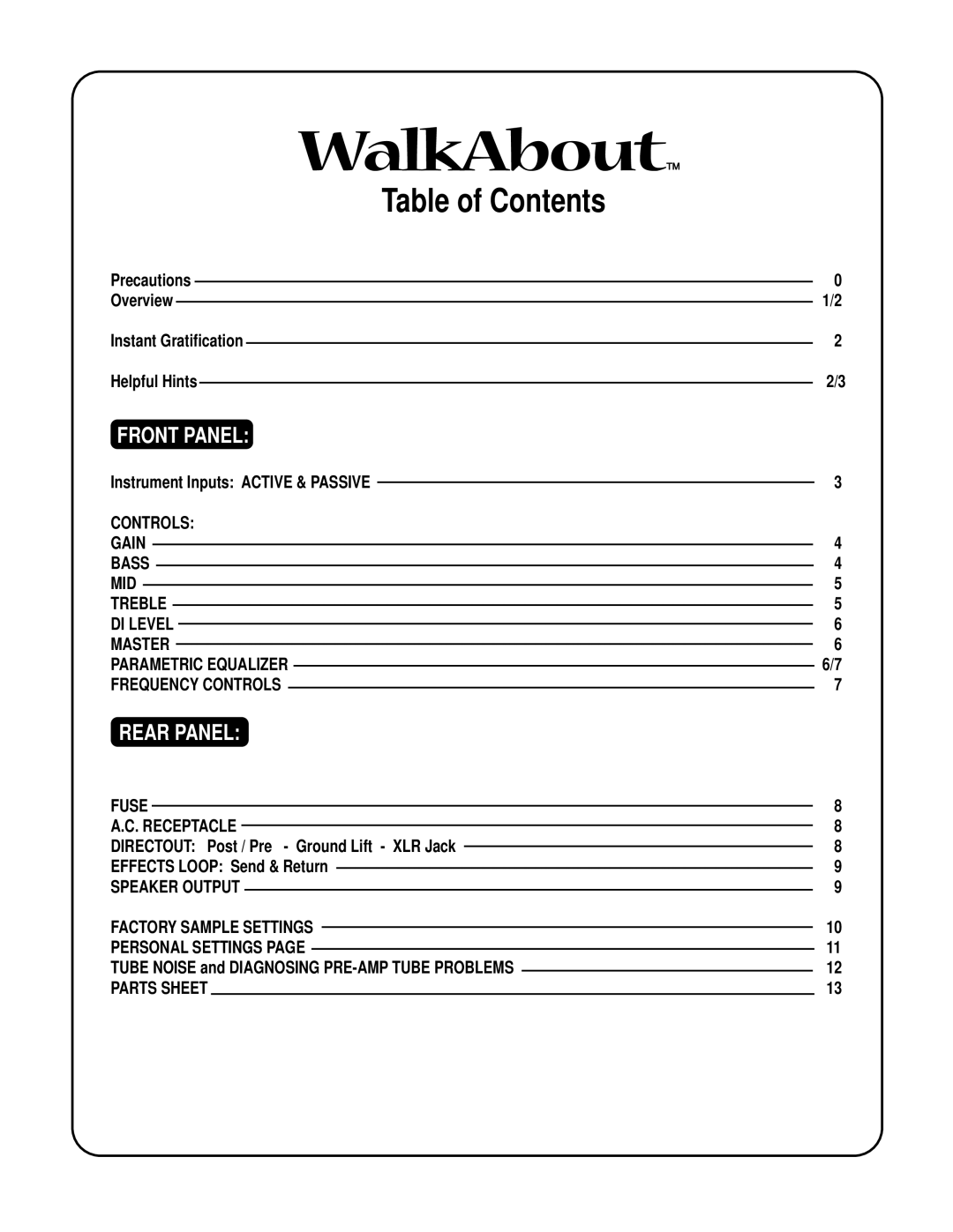 Mesa/Boogie Walk About Bass Amplifier owner manual Table of Contents 