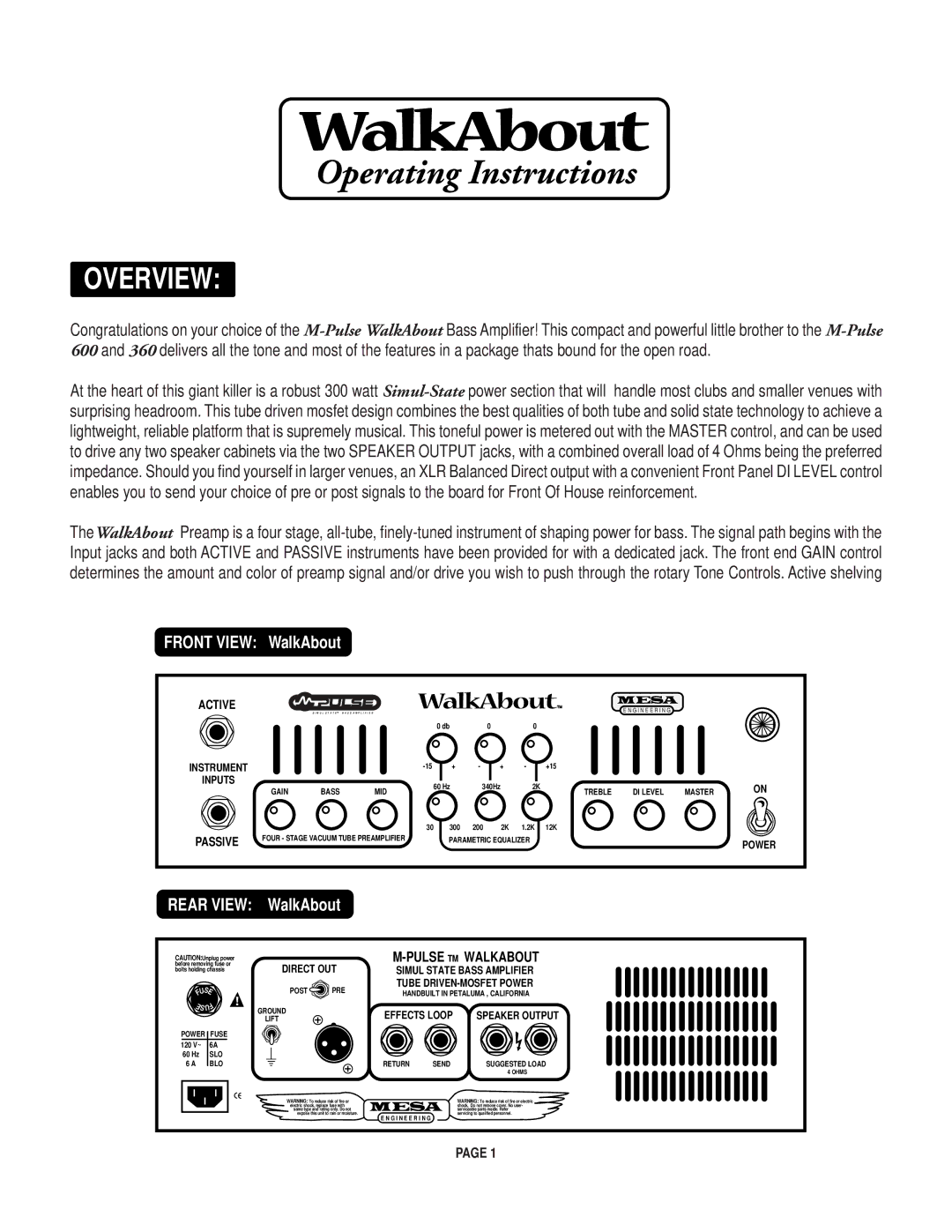 Mesa/Boogie Walk About Bass Amplifier owner manual Operating Instructions 