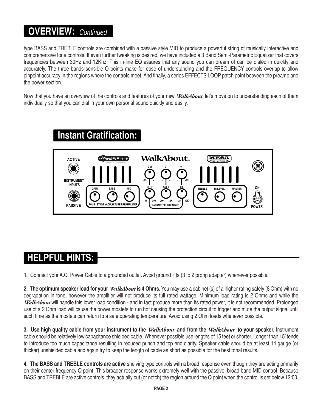 Mesa/Boogie Walk About Bass Amplifier owner manual Helpful Hints 